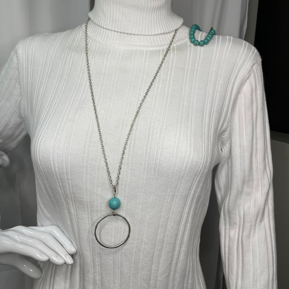 long pendant necklace silver tone with coordinating stretch bracelet blue beads